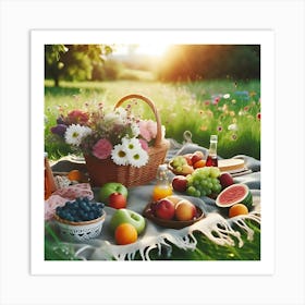 A Picnic On A Green Meadow With A Basket Of Fruits And Flowers 2 Art Print