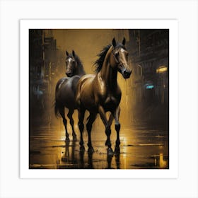 Two Horses In The Rain Art Print