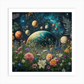 Cosmic Eden Celestial Blooms Amidst Planetary Constellations Art Print