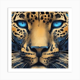 A Picture Of A Black Leopard With Blue Eyes, In The Style Of Airbrush Art, Light Gold And Orange, 32 Art Print