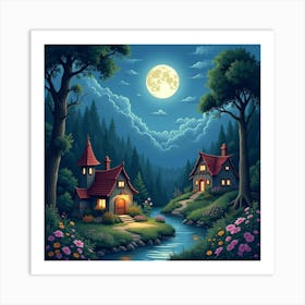 Enchanting Fairy Village Under A Glowing Moonlit Sky 1 Art Print