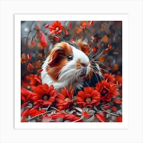 Guinea Pig Among Red Flowers Art Print