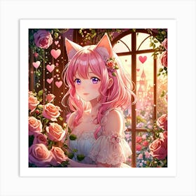 Cat Girl With Roses Art Print