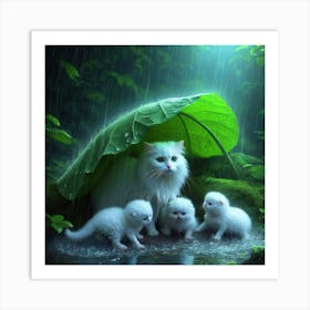 Cat Family In The Rain Art Print