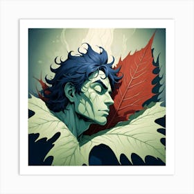 Fantasy Male Portrait With Blue Hair And Leaves, Ethereal Lighting Art Print