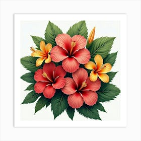 A Beautiful Arrangement Of Tropical Hibiscus Flowers With Lush Greenery Art Print