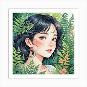 Anime Girl With Ferns Art Print