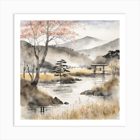 Japanese Landscape Painting Sumi E Drawing (20) Art Print