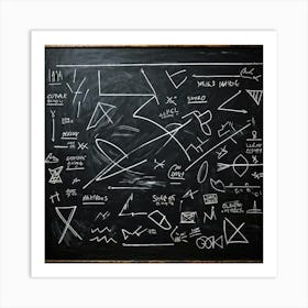 Black Chalk On A School Blackboard Capturing A Dynamic Blend Of Abstract Shapes And Realistic Objec Art Print