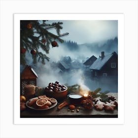 Christmas Village In The Fog Art Print