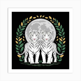 White Tiger Standing In Front Of A Full Moon Art Print