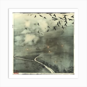 名古屋から北へ五里の鳥と電線の風景 Landscape With Birds And Power Line Five Ri To The North From Nagoya (II) Art Print