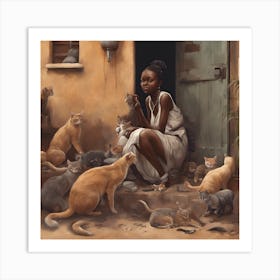 Wall painting of an African girl with cats 1 Art Print