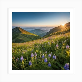 A Lush Green Mountain Filled With Blooming Wildflowers Basks In Warm Sunlight Under A Clear Blue Sky, Its Natural Beauty Portrayed Serenely 3 Art Print