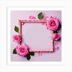 Pink Roses Frame On Pink Background 1 Art Print