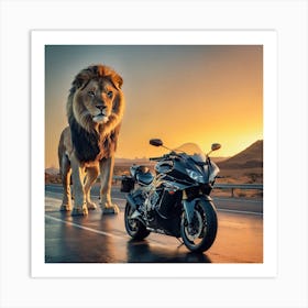 Lion And Motorcycle Art Print