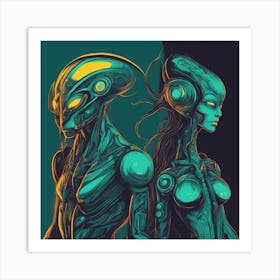 Alien Woman And Man Painted To Mimic Humans, In The Style Of Art Elements, Folk Art Inspired Illus Art Print