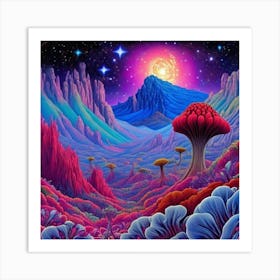 A colorful illustration of a river with a tree in the middle Art Print