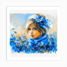 Little Girl With Blue Flowers Art Print