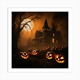 Eerie Halloween Scene with Carved Pumpkins and Full Moon Art Print