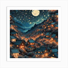 Village At starry Night Art Print