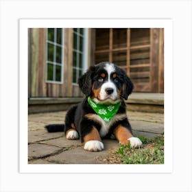 Bernese Mountain Dog puppy with brown eyes, wearing a bright green bandana with white designs. The image should capture Lemmy in an adorable, eye-catching pose that embodies the playful and loving nature of a puppy. The image should be in the vivid and detailed 3d animation. Set the background to a front porch, in the background you can see 3 pairs of girls shoes, 2 toddler size and one teenagers making it colorful and engaging. 3 Art Print