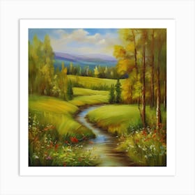 Landscape Oil On Canvas.Canada's forests. Dirt path. Spring flowers. Forest trees. Artwork. Oil on canvas. Art Print