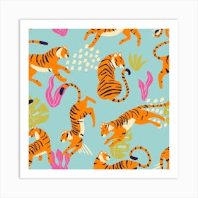 Tiger Pattern On Blue With Tropical Leaves Square Art Print