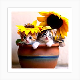Kittens And Sunflowers In Pots 4 Art Print