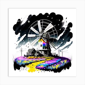 Windmill At Night Art Print