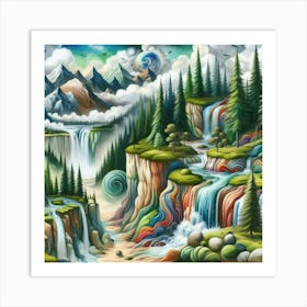 Pine Tree Valley Waterfall (Mystic Surrealism) Style D Art Print