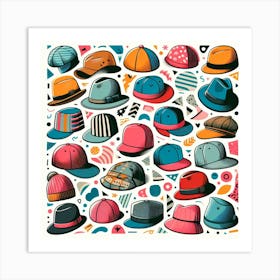 Hat Art: A Colorful and Varied Collage of Illustrations of Hats Art Print