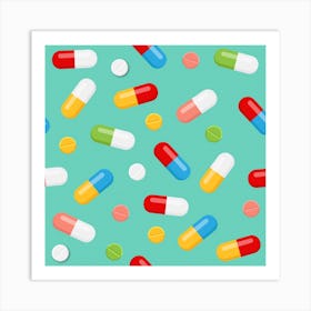 Pills Medicines Seamless Pattern Blue Background Art Print