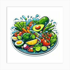 A Plate Of Food And Vegetables Sticker Top Splashing Water View Food Art Print