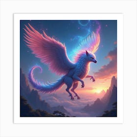 A Mythical Griffin With A Mane Of Swirling, Neon Stardust Soaring Over A Magical Landscape Art Print