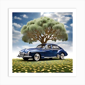 Blue Car Under A Tree Art Print