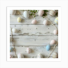 Easter Themed Wooden Table From Above Featuring Art Print