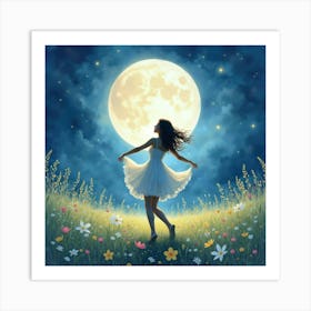 Watercolor Dance In A Dreamy Moonlit Meadow 1 Art Print