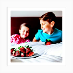 Children laugh with the strawberries  Art Print