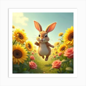 A Fanciful Rabbit Hopping Through A Meadow Filled With Glowing Sunflowers And Roses Art Print