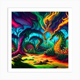 Colorful Dragons In The Forest Art Print