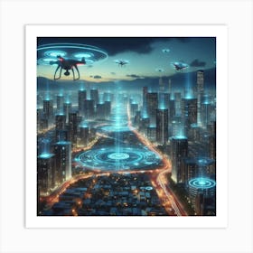 Drones Flying Over City Art Print