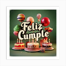 Feliz cumple and Feliz cumpleaños sign means Happy Birthday in Spanish language, Birthday party celebration gift with birthday cake candle colorful balloons best congratulation over light background wall artFeliz Cumple 45 Art Print