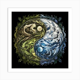 Yin Yang, Yin And Yang Symbol With Natural Elements Representing Balance And Harmony 1 Art Print