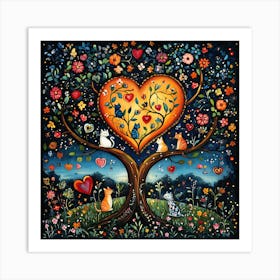 Folk Art Heart Tree Cat Climbing Artwork 2 Art Print