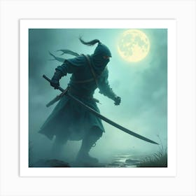 Ninja Warrior Attacking In Glowing Fog, Watercolor Setting 1 Art Print