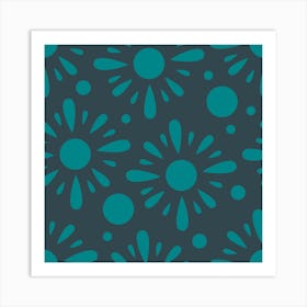 Green Suns On Dark Blue Pattern Square Art Print