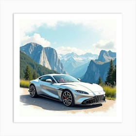 Luxury Coupe Against A Stunning Mountain View, Watercolor Painting 1 Art Print