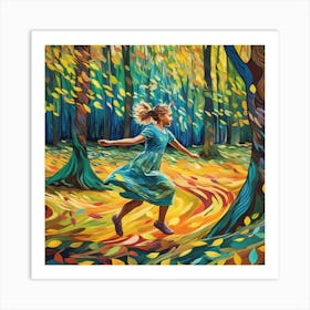 A Girl Playing In A Whimsical And Vibrant Forest Art Print