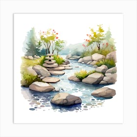 Watercolor Landscape With Rocks And Waterfall Art Print